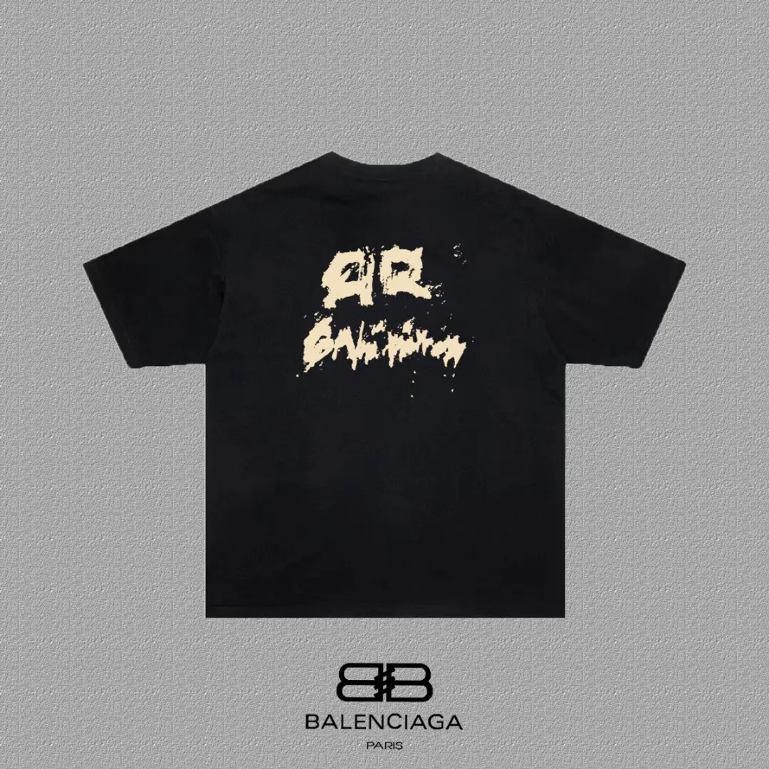 P80✨🔥 BALENCIAGA Paris lettering printed short-sleeved T-shirt, custom-woven and dyed 280g combed cotton heavyweight fabric, zero color difference in thread, perfect details, different from the current version on the market, welcome to compare, Same Style for men and women, must-sell in the picture above Color: White Black Size: 1 2 3 4